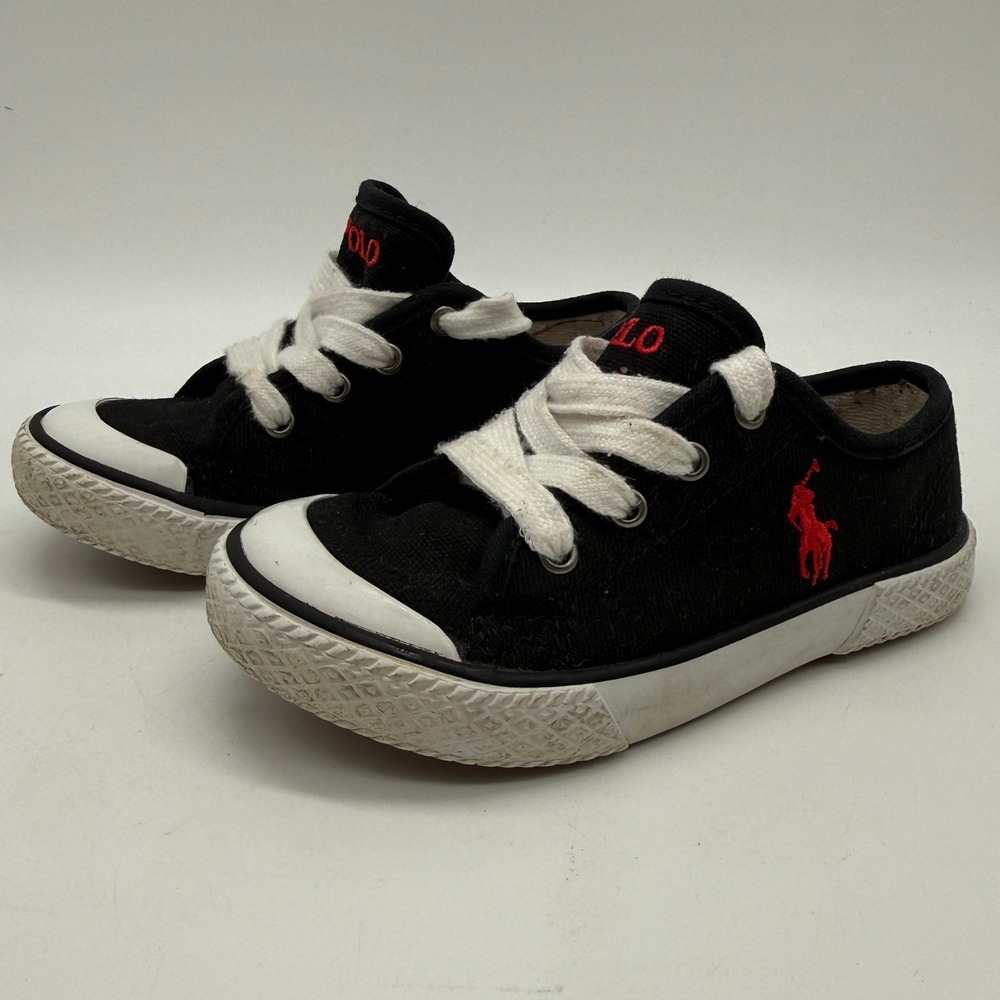 Polo Ralph Lauren Sneakers Kids Size 9 Black Canvas Low Top Red Pony Logo